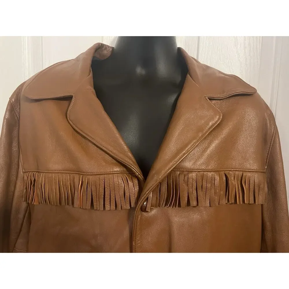 VTG 70s Deerskin Leather Jacket Fringe Western Belted Dagger Rock Brown L/XL 46